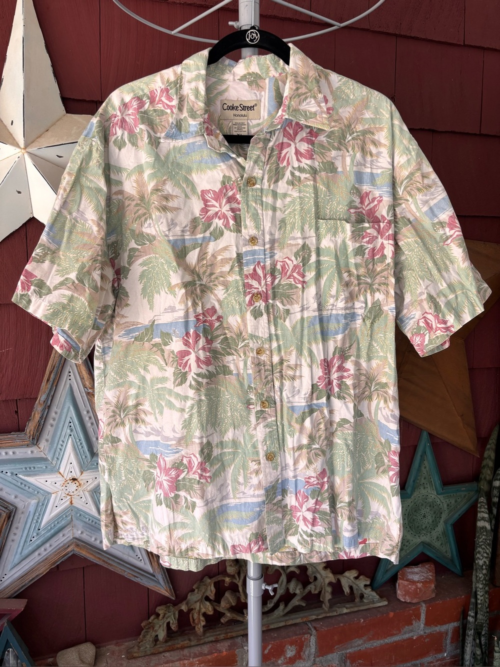 Cooke Street Honolulu Shirt Floral Palm Trees Beach Beige Men’s Size XL